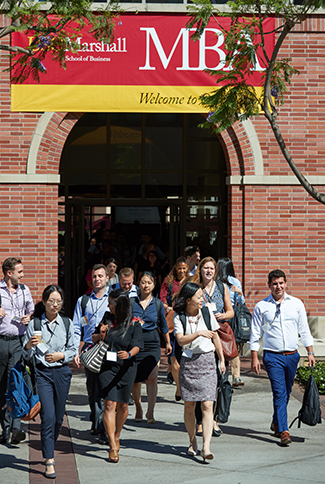 USC Marshall full-time MBA students leave their new-student orientation at Popovich Hall 