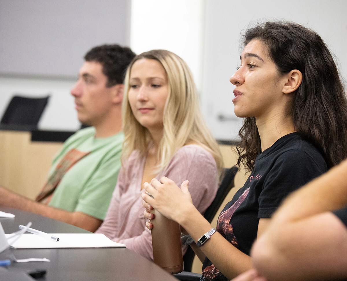 Students engage in their JOUR 523: Public Radio Reporting course with professor Willa Seidenberg.